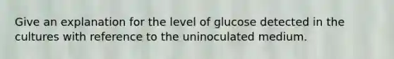 Give an explanation for the level of glucose detected in the cultures with reference to the uninoculated medium.