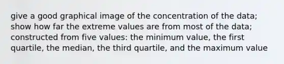 give a good graphical image of the concentration of the data; show how far the extreme values are from most of the data; constructed from five values: the minimum value, the first quartile, the median, the third quartile, and the maximum value