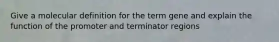 Give a molecular definition for the term gene and explain the function of the promoter and terminator regions
