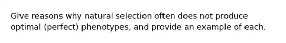 Give reasons why natural selection often does not produce optimal (perfect) phenotypes, and provide an example of each.