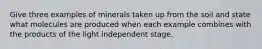 Give three examples of minerals taken up from the soil and state what molecules are produced when each example combines with the products of the light independent stage.