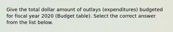 Give the total dollar amount of outlays (expenditures) budgeted for fiscal year 2020 (Budget table). Select the correct answer from the list below.