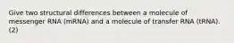 Give two structural differences between a molecule of messenger RNA (mRNA) and a molecule of transfer RNA (tRNA). (2)