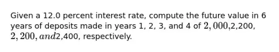 Given a 12.0 percent interest rate, compute the future value in 6 years of deposits made in years 1, 2, 3, and 4 of 2,000,2,200, 2,200, and2,400, respectively.