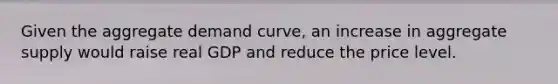 Given the aggregate demand curve, an increase in aggregate supply would raise real GDP and reduce the price level.