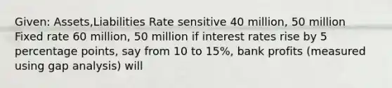 Given: Assets,Liabilities Rate sensitive 40 million, 50 million Fixed rate 60 million, 50 million if interest rates rise by 5 percentage points, say from 10 to 15%, bank profits (measured using gap analysis) will