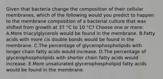 Given that bacteria change the composition of their cellular membranes, which of the following would you predict to happen to the membrane composition of a bacterial culture that was shifted from growth at 37 °C to 10 °C? Choose one or more: A.More triacylglycerols would be found in the membrane. B.Fatty acids with more cis double bonds would be found in the membrane. C.The percentage of glycerophospholipids with longer chain fatty acids would increase. D.The percentage of glycerophospholipids with shorter chain fatty acids would increase. E.More unsaturated glycerophospholipid fatty acids would be found in the membrane.