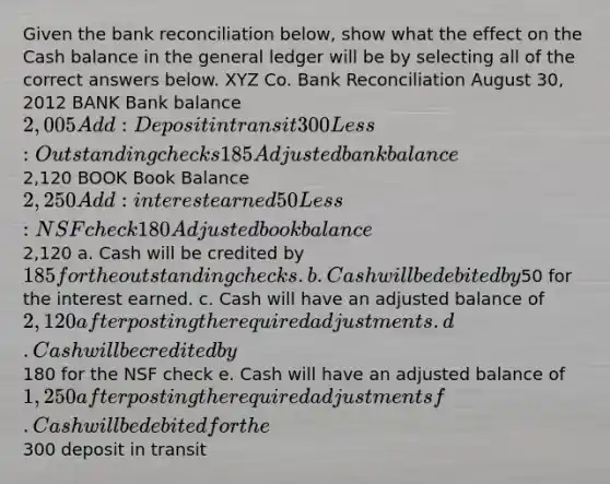 Given the bank reconciliation below, show what the effect on the Cash balance in the general ledger will be by selecting all of the correct answers below. XYZ Co. Bank Reconciliation August 30, 2012 BANK Bank balance 2,005 Add: Deposit in transit 300 Less: Outstanding checks 185 Adjusted bank balance2,120 BOOK Book Balance 2,250 Add: interest earned 50 Less: NSF check 180 Adjusted book balance2,120 a. Cash will be credited by 185 for the outstanding checks. b. Cash will be debited by50 for the interest earned. c. Cash will have an adjusted balance of 2,120 after posting the required adjustments. d. Cash will be credited by180 for the NSF check e. Cash will have an adjusted balance of 1,250 after posting the required adjustments f. Cash will be debited for the300 deposit in transit