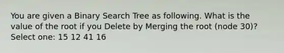 You are given a Binary Search Tree as following. What is the value of the root if you Delete by Merging the root (node 30)? Select one: 15 12 41 16