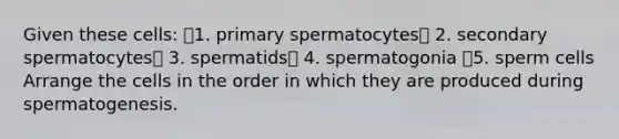 Given these cells: 1. primary spermatocytes 2. secondary spermatocytes 3. spermatids 4. spermatogonia 5. sperm cells Arrange the cells in the order in which they are produced during spermatogenesis.