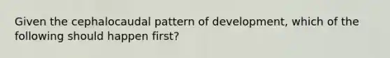 Given the cephalocaudal pattern of development, which of the following should happen first?