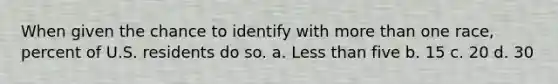 When given the chance to identify with more than one race, percent of U.S. residents do so. a. Less than five b. 15 c. 20 d. 30