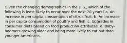 Given the changing demographics in the U.S., which of the following is least likely to occur over the next 20 years? a. An increase in per capita consumption of citrus fruit. b. An increase in per capita consumption of poultry and fish. c. Upgrades in consumer diets based on food production attributes. d. Baby-boomers growing older and being more likely to eat out than younger Americans.