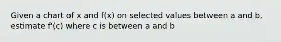 Given a chart of x and f(x) on selected values between a and b, estimate f'(c) where c is between a and b