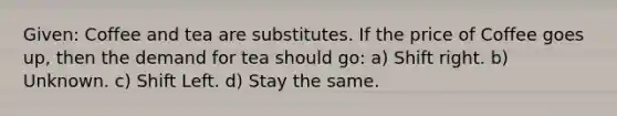 Given: Coffee and tea are substitutes. If the price of Coffee goes up, then the demand for tea should go: a) Shift right. b) Unknown. c) Shift Left. d) Stay the same.