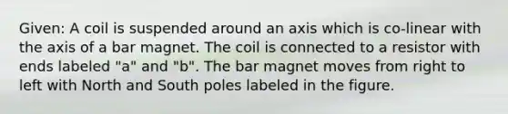 Given: A coil is suspended around an axis which is co-linear with the axis of a bar magnet. The coil is connected to a resistor with ends labeled "a" and "b". The bar magnet moves from right to left with North and South poles labeled in the figure.