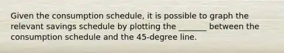 Given the consumption schedule, it is possible to graph the relevant savings schedule by plotting the _______ between the consumption schedule and the 45-degree line.