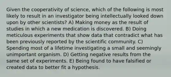 Given the cooperativity of science, which of the following is most likely to result in an investigator being intellectually looked down upon by other scientists? A) Making money as the result of studies in which a new medication is discovered. B) Doing meticulous experiments that show data that contradict what has been previously reported by the scientific community. C) Spending most of a lifetime investigating a small and seemingly unimportant organism. D) Getting negative results from the same set of experiments. E) Being found to have falsified or created data to better fit a hypothesis.