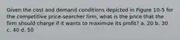 Given the cost and demand conditions depicted in Figure 10-5 for the competitive price-searcher firm, what is the price that the firm should charge if it wants to maximize its profit? a. 20 b. 30 c. 40 d. 50