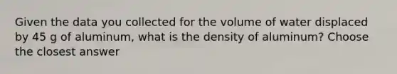 Given the data you collected for the volume of water displaced by 45 g of aluminum, what is the density of aluminum? Choose the closest answer