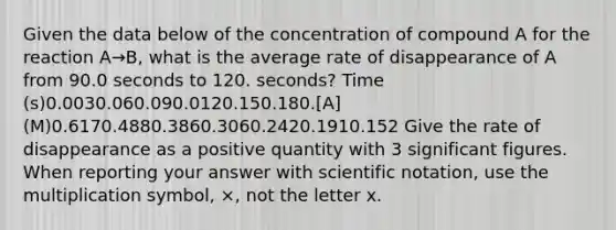 Given the data below of the concentration of compound A for the reaction A→B, what is the average rate of disappearance of A from 90.0 seconds to 120. seconds? Time (s)0.0030.060.090.0120.150.180.[A] (M)0.6170.4880.3860.3060.2420.1910.152 Give the rate of disappearance as a positive quantity with 3 significant figures. When reporting your answer with scientific notation, use the multiplication symbol, ×, not the letter x.