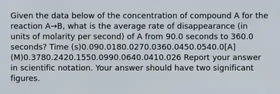 Given the data below of the concentration of compound A for the reaction A→B, what is the average rate of disappearance (in units of molarity per second) of A from 90.0 seconds to 360.0 seconds? Time (s)0.090.0180.0270.0360.0450.0540.0[A] (M)0.3780.2420.1550.0990.0640.0410.026 Report your answer in scientific notation. Your answer should have two significant figures.