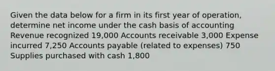 Given the data below for a firm in its first year of operation, determine net income under the cash basis of accounting Revenue recognized 19,000 Accounts receivable 3,000 Expense incurred 7,250 Accounts payable (related to expenses) 750 Supplies purchased with cash 1,800