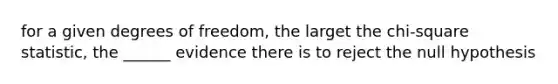 for a given degrees of freedom, the larget the chi-square statistic, the ______ evidence there is to reject the null hypothesis