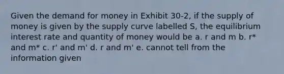 Given the demand for money in Exhibit 30-2, if the supply of money is given by the supply curve labelled S, the equilibrium interest rate and quantity of money would be a. r and m b. r* and m* c. r' and m' d. r and m' e. cannot tell from the information given