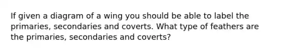 If given a diagram of a wing you should be able to label the primaries, secondaries and coverts. What type of feathers are the primaries, secondaries and coverts?