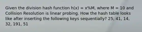 Given the division hash function h(x) = x%M, where M = 10 and Collision Resolution is linear probing. How the hash table looks like after inserting the following keys sequentially? 25, 41, 14, 32, 191, 51