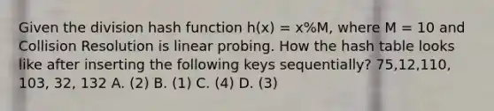 Given the division hash function h(x) = x%M, where M = 10 and Collision Resolution is linear probing. How the hash table looks like after inserting the following keys sequentially? 75,12,110, 103, 32, 132 A. (2) B. (1) C. (4) D. (3)