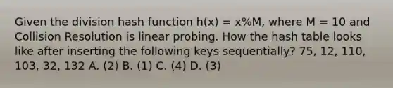 Given the division hash function h(x) = x%M, where M = 10 and Collision Resolution is linear probing. How the hash table looks like after inserting the following keys sequentially? 75, 12, 110, 103, 32, 132 A. (2) B. (1) C. (4) D. (3)