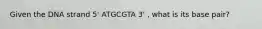 Given the DNA strand 5' ATGCGTA 3' , what is its base pair?