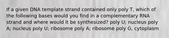 If a given DNA template strand contained only poly T, which of the following bases would you find in a complementary RNA strand and where would it be synthesized? poly U; nucleus poly A; nucleus poly U; ribosome poly A; ribosome poly G, cytoplasm