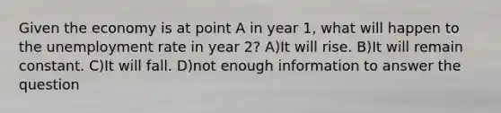 Given the economy is at point A in year 1, what will happen to the unemployment rate in year 2? A)It will rise. B)It will remain constant. C)It will fall. D)not enough information to answer the question