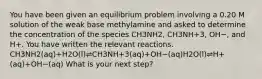 You have been given an equilibrium problem involving a 0.20 M solution of the weak base methylamine and asked to determine the concentration of the species CH3NH2, CH3NH+3, OH−, and H+. You have written the relevant reactions. CH3NH2(aq)+H2O(l)⇌CH3NH+3(aq)+OH−(aq)H2O(l)⇌H+(aq)+OH−(aq) What is your next step?