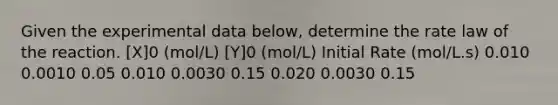 Given the experimental data below, determine the rate law of the reaction. [X]0 (mol/L) [Y]0 (mol/L) Initial Rate (mol/L.s) 0.010 0.0010 0.05 0.010 0.0030 0.15 0.020 0.0030 0.15