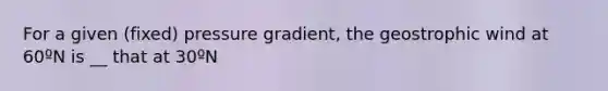 For a given (fixed) pressure gradient, the geostrophic wind at 60ºN is __ that at 30ºN