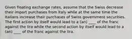 Given floating exchange rates, assume that the Swiss decrease their import purchases from Italy while at the same time the Italians increase their purchases of Swiss government securities. The first action by itself would lead to a (an) ____ of the franc against the lira while the second action by itself would lead to a (an) ____ of the franc against the lira.