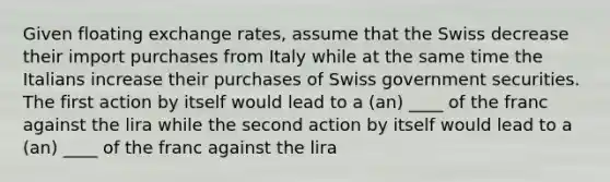 Given floating exchange rates, assume that the Swiss decrease their import purchases from Italy while at the same time the Italians increase their purchases of Swiss government securities. The first action by itself would lead to a (an) ____ of the franc against the lira while the second action by itself would lead to a (an) ____ of the franc against the lira