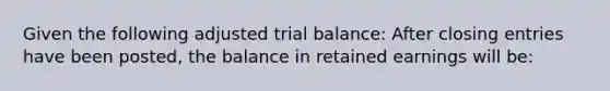 Given the following adjusted trial balance: After closing entries have been posted, the balance in retained earnings will be: