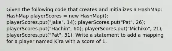 Given the following code that creates and initializes a HashMap: HashMap playerScores = new HashMap (); playerScores.put("Jake", 14); playerScores.put("Pat", 26); playerScores.put("Hachin", 60); playerScores.put("Michiko", 21); playerScores.put("Pat", 31); Write a statement to add a mapping for a player named Kira with a score of 1.