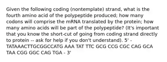 Given the following coding (nontemplate) strand, what is the fourth amino acid of the polypeptide produced; how many codons will comprise the mRNA translated by the protein; how many amino acids will be part of the polypeptide? (It's important that you know the short-cut of going from coding strand directly to protein -- ask for help if you don't understand). 5' - TATAAACTTGCGGCCATG AAA TAT TTC GCG CCG CGC CAG GCA TAA CGG GGC CAG TGA - 3'