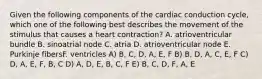 Given the following components of the cardiac conduction cycle, which one of the following best describes the movement of the stimulus that causes a heart contraction? A. atrioventricular bundle B. sinoatrial node C. atria D. atrioventricular node E. Purkinje fibersF. ventricles A) B, C, D, A, E, F B) B, D, A, C, E, F C) D, A, E, F, B, C D) A, D, E, B, C, F E) B, C, D, F, A, E