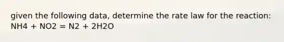 given the following data, determine the rate law for the reaction: NH4 + NO2 = N2 + 2H2O