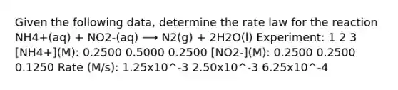 Given the following data, determine the rate law for the reaction NH4+(aq) + NO2-(aq) ⟶ N2(g) + 2H2O(l) Experiment: 1 2 3 [NH4+](M): 0.2500 0.5000 0.2500 [NO2-](M): 0.2500 0.2500 0.1250 Rate (M/s): 1.25x10^-3 2.50x10^-3 6.25x10^-4