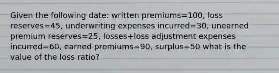 Given the following date: written premiums=100, loss reserves=45, underwriting expenses incurred=30, unearned premium reserves=25, losses+loss adjustment expenses incurred=60, earned premiums=90, surplus=50 what is the value of the loss ratio?