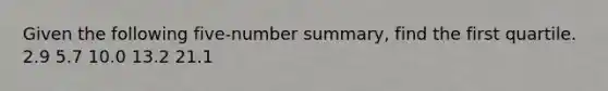 Given the following five-number summary, find the first quartile. 2.9 5.7 10.0 13.2 21.1