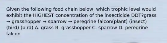 Given the following food chain below, which trophic level would exhibit the HIGHEST concentration of the insecticide DDT?grass → grasshopper → sparrow → peregrine falcon(plant) (insect) (bird) (bird) A. grass B. grasshopper C. sparrow D. peregrine falcon